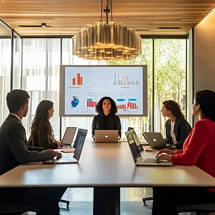 A collaborative meeting scene with a group of people, including women, seated at a table, focused on their laptops and teamwork.